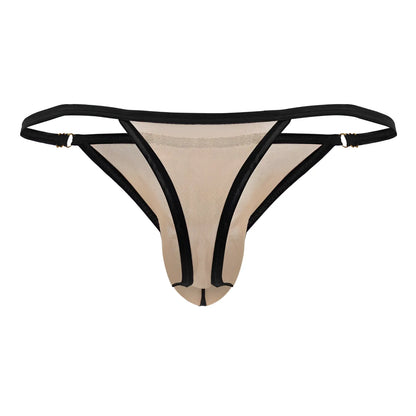 Beig mesh thong with black trim and adjustable straps from candyman 99776 collection shown from the back side