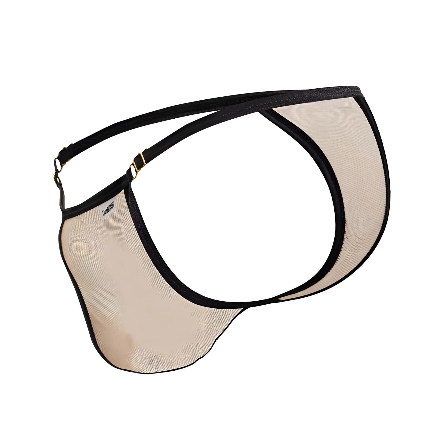 Beige mesh thong with black trim and gold-tone hardware from candyman 99776 mesh thongs collection