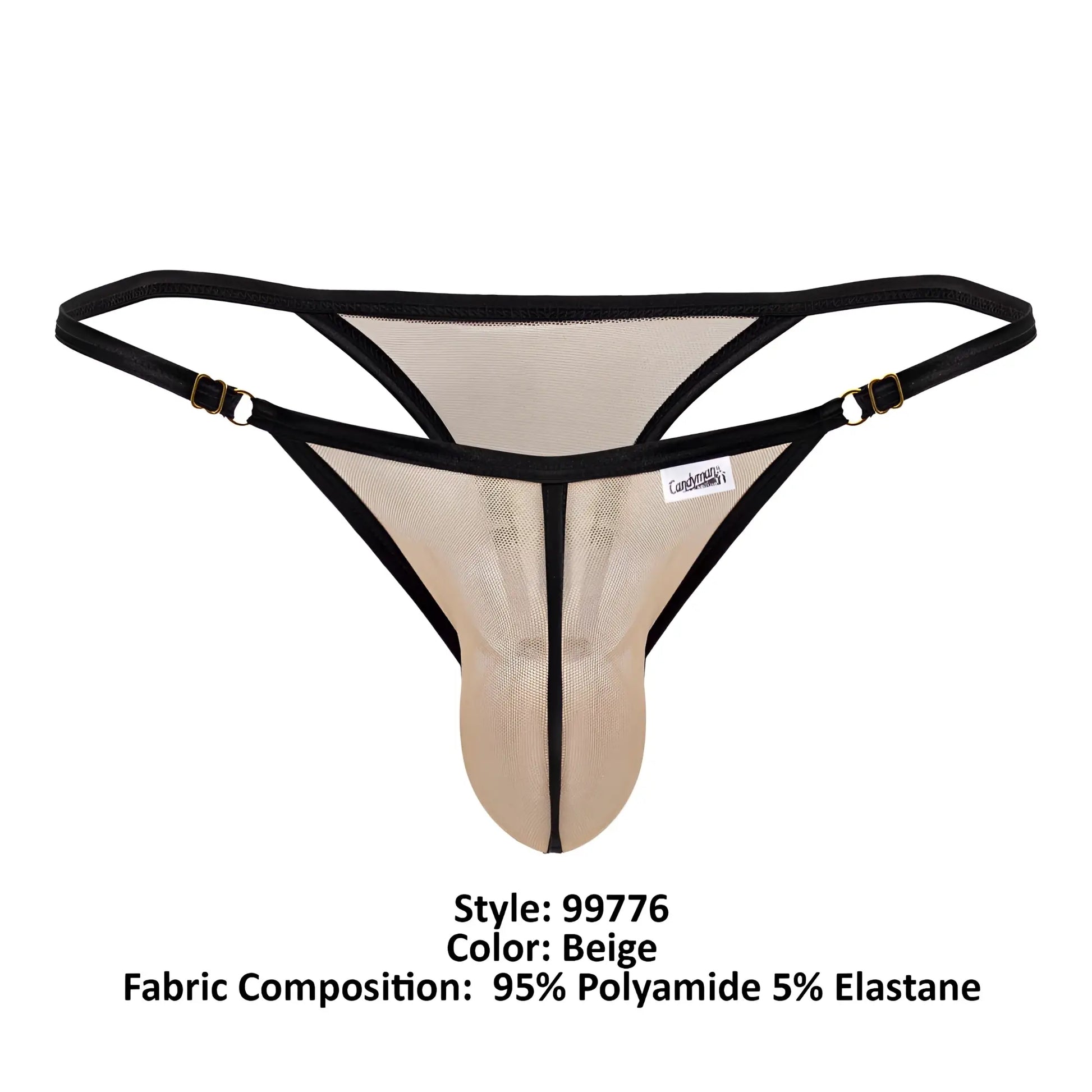 Beig mesh thong with black trim and gold-tone metal clasps from candyman 99776 mesh thongs collection