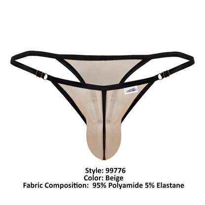 Beig mesh thong with black trim and gold-tone metal clasps from candyman 99776 mesh thongs collection
