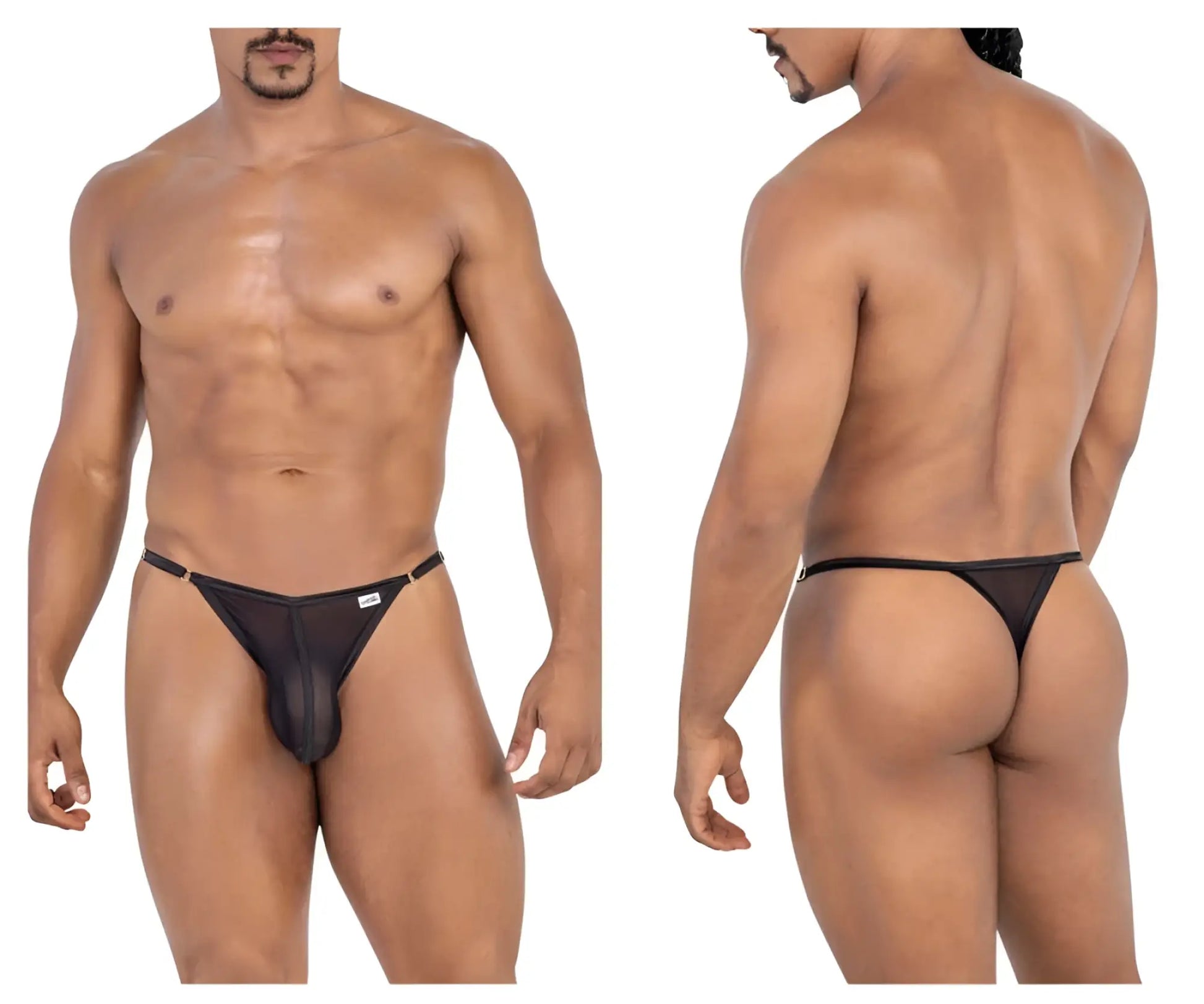 Black sheer mesh thong candyMan 99776 with a white logo on the sideband showing the back side of the product