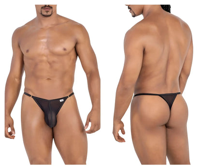 Black sheer mesh thong candyMan 99776 with a white logo on the sideband showing the back side of the product