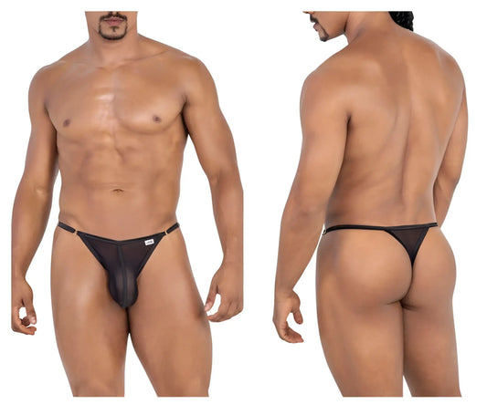 Black sheer mesh thong candyMan 99776 with a white logo on the sideband showing the back side of the product