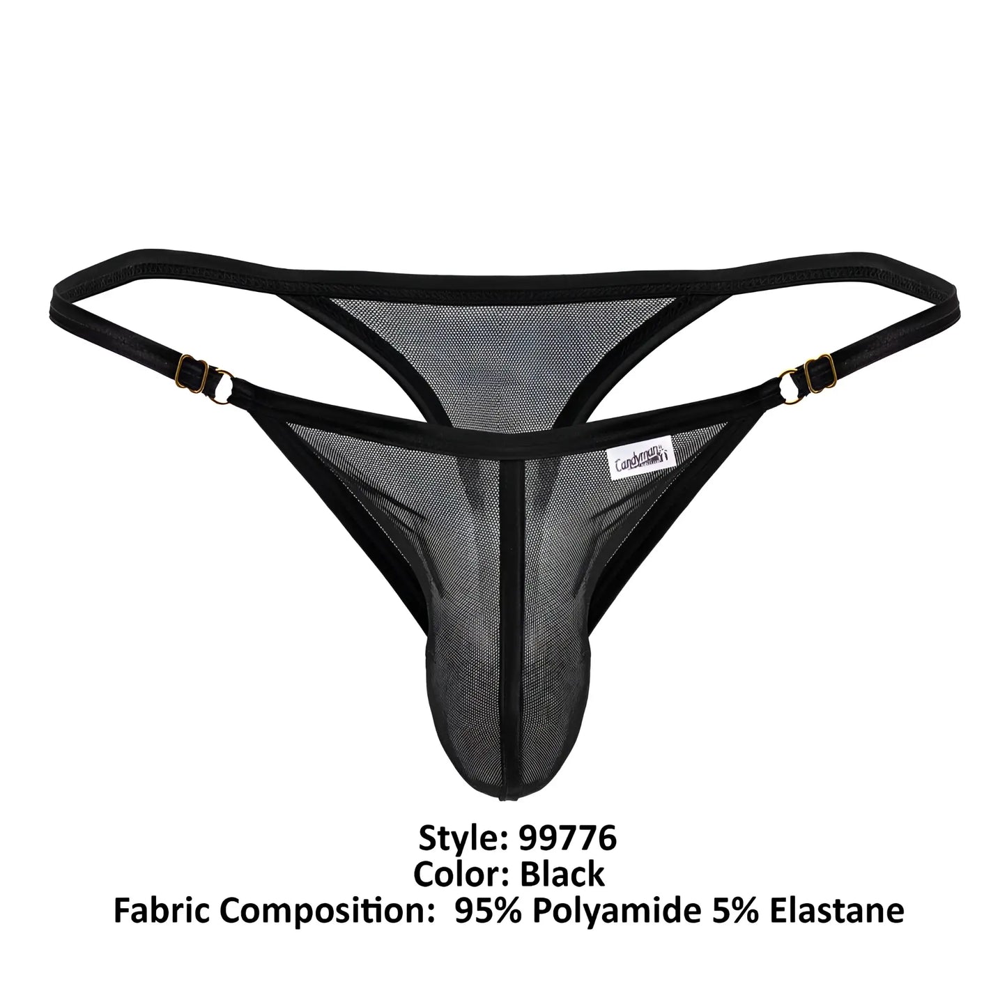 Candyman 99776 black mesh thong with black elastic straps and gold-tone metal clasps front view