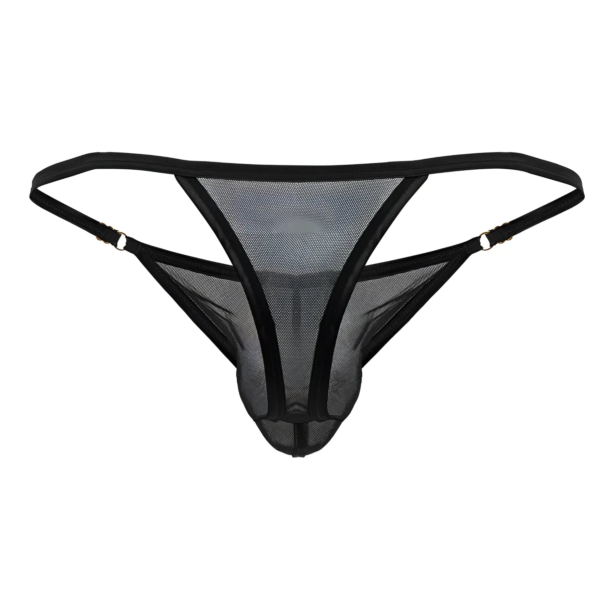 Black mesh thong candyMan 99776 with reinforced elastic straps and metallic clasps in black color