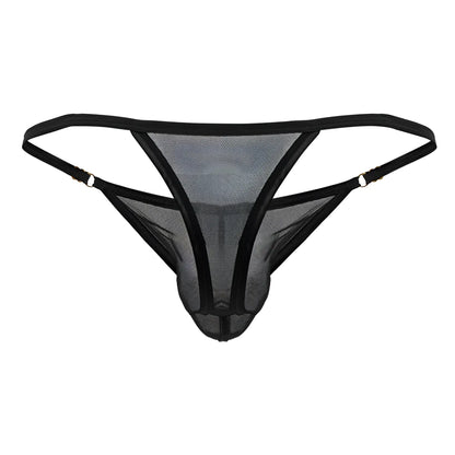Black mesh thong candyMan 99776 with reinforced elastic straps and metallic clasps in black color