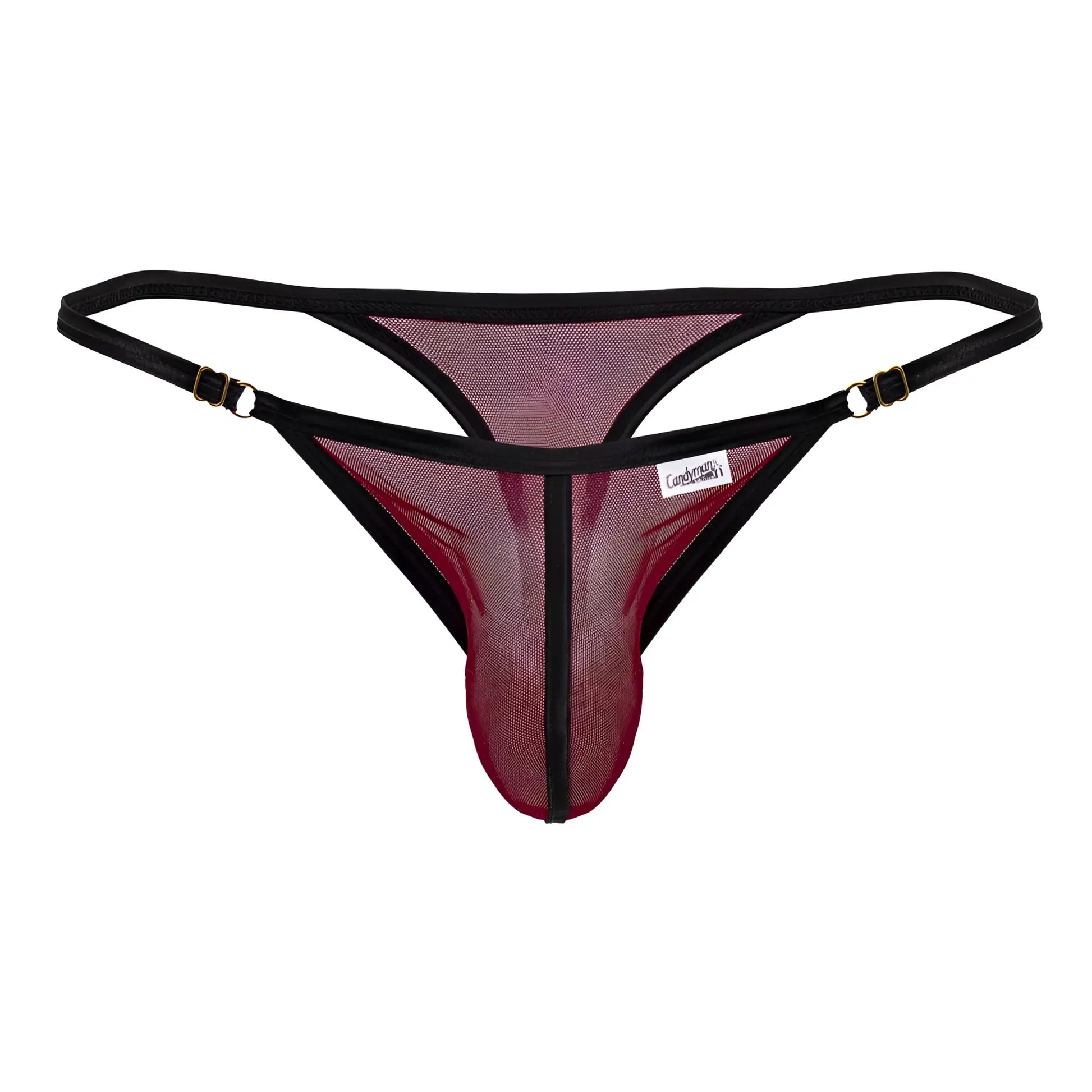 Black and maroon candyMan 99776 mesh thong with adjustable straps and gold-tone clasps in burgundy color