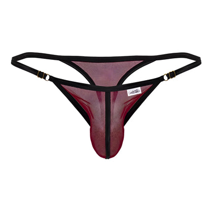 Black and maroon candyMan 99776 mesh thong with adjustable straps and gold-tone clasps in burgundy color