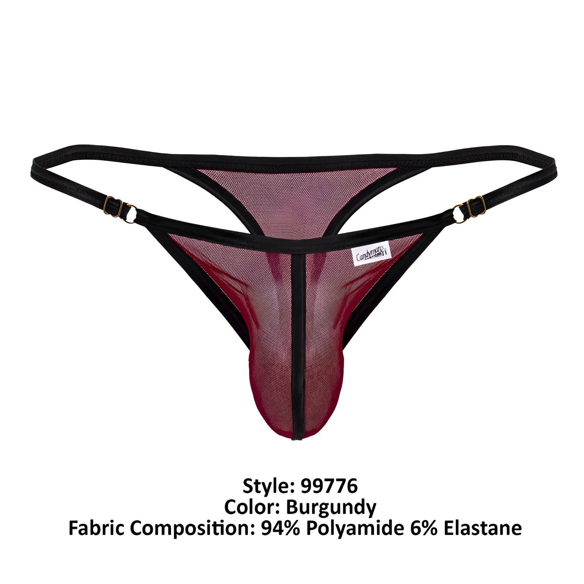 Burgundy mesh thong with black trim and gold-tone hardware candyMan 99776 mesh thong for stylish comfort