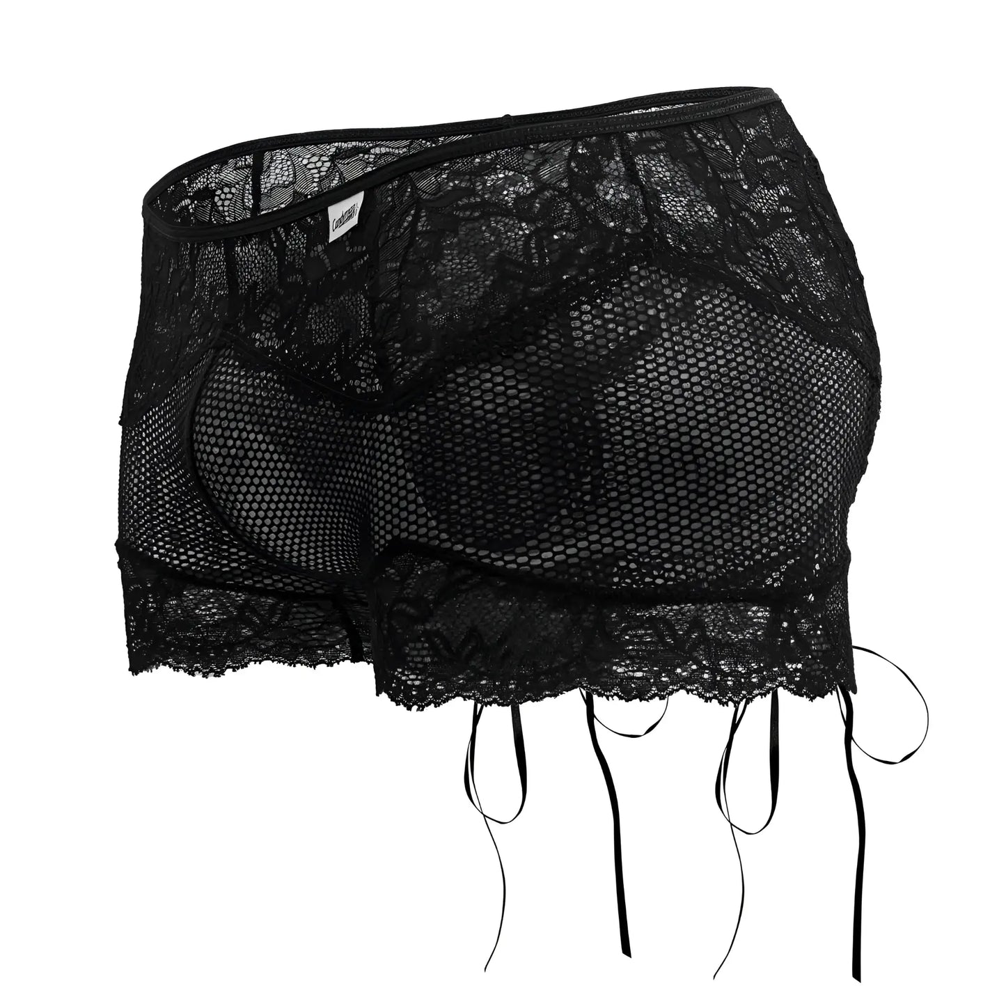 Candyman 99779 black mesh lace trunks with adjustable side ties in black lace and mesh fabric