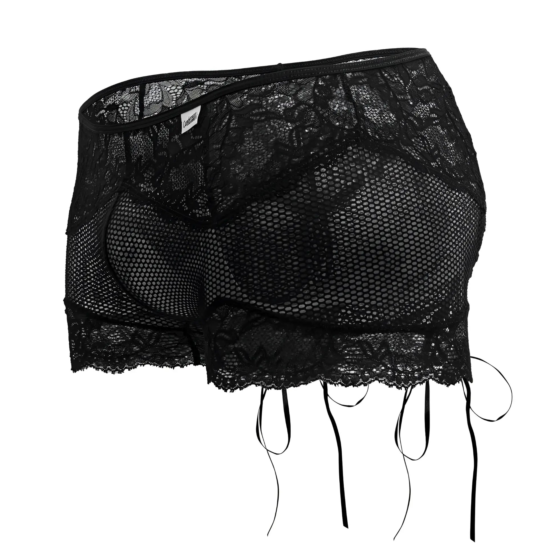 Candyman 99779 black mesh lace trunks with adjustable side ties in black lace and mesh fabric