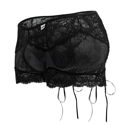 Candyman 99779 black mesh lace trunks with adjustable side ties in black lace and mesh fabric
