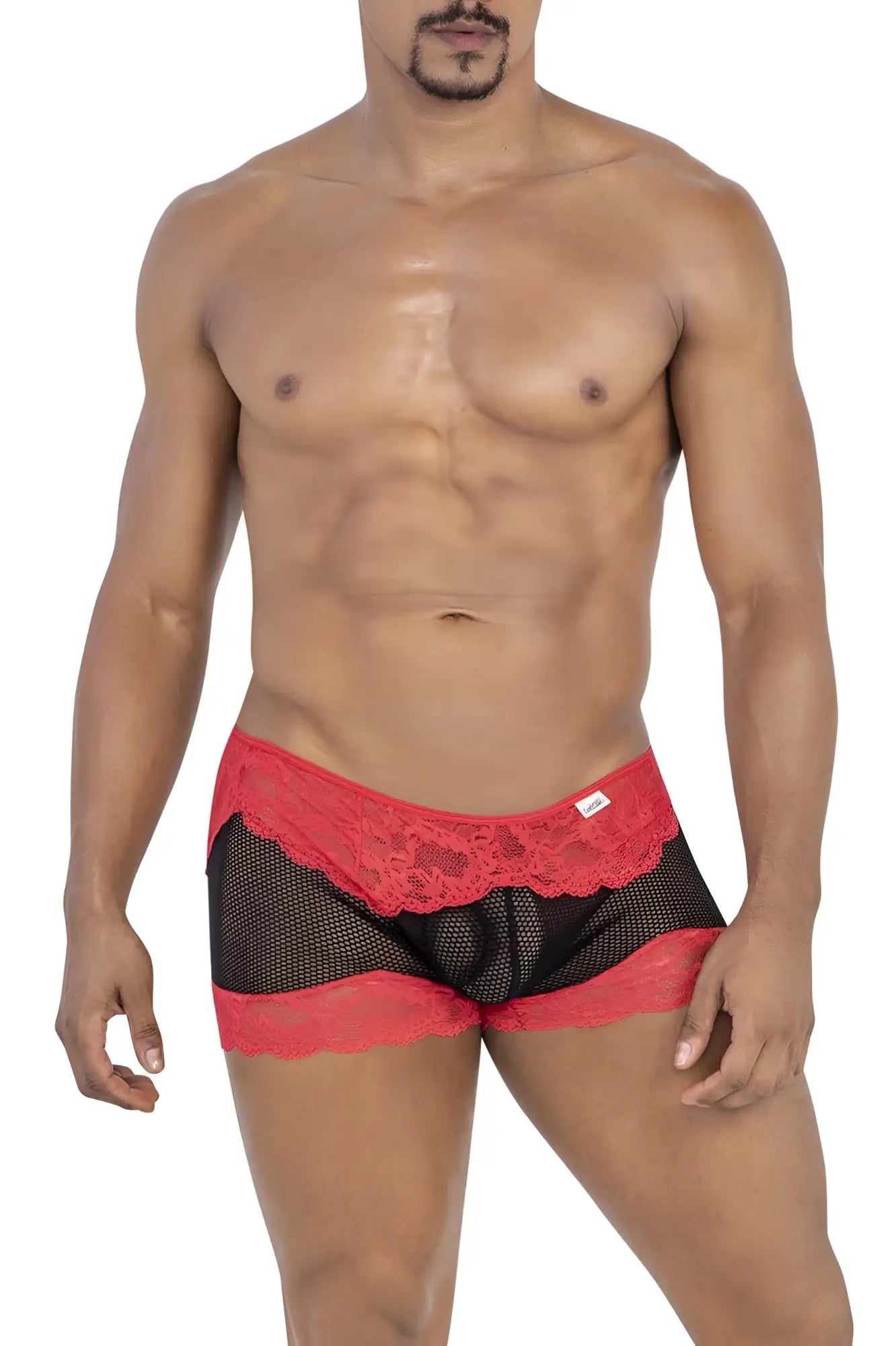Candyman 99779 mesh lace trunks in black and red featuring breathable mesh fabric and delicate lace trim