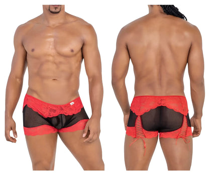 Candyman 99779 mesh lace trunks black featuring red lace-trimmed mesh briefs with black panels and side ties