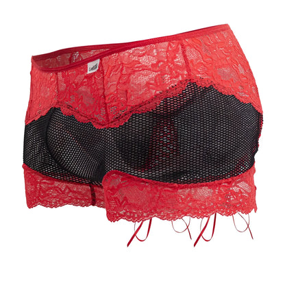 Candyman 99779 mesh lace trunks in black featuring red and black lace-trimmed mesh briefs with scalloped edge