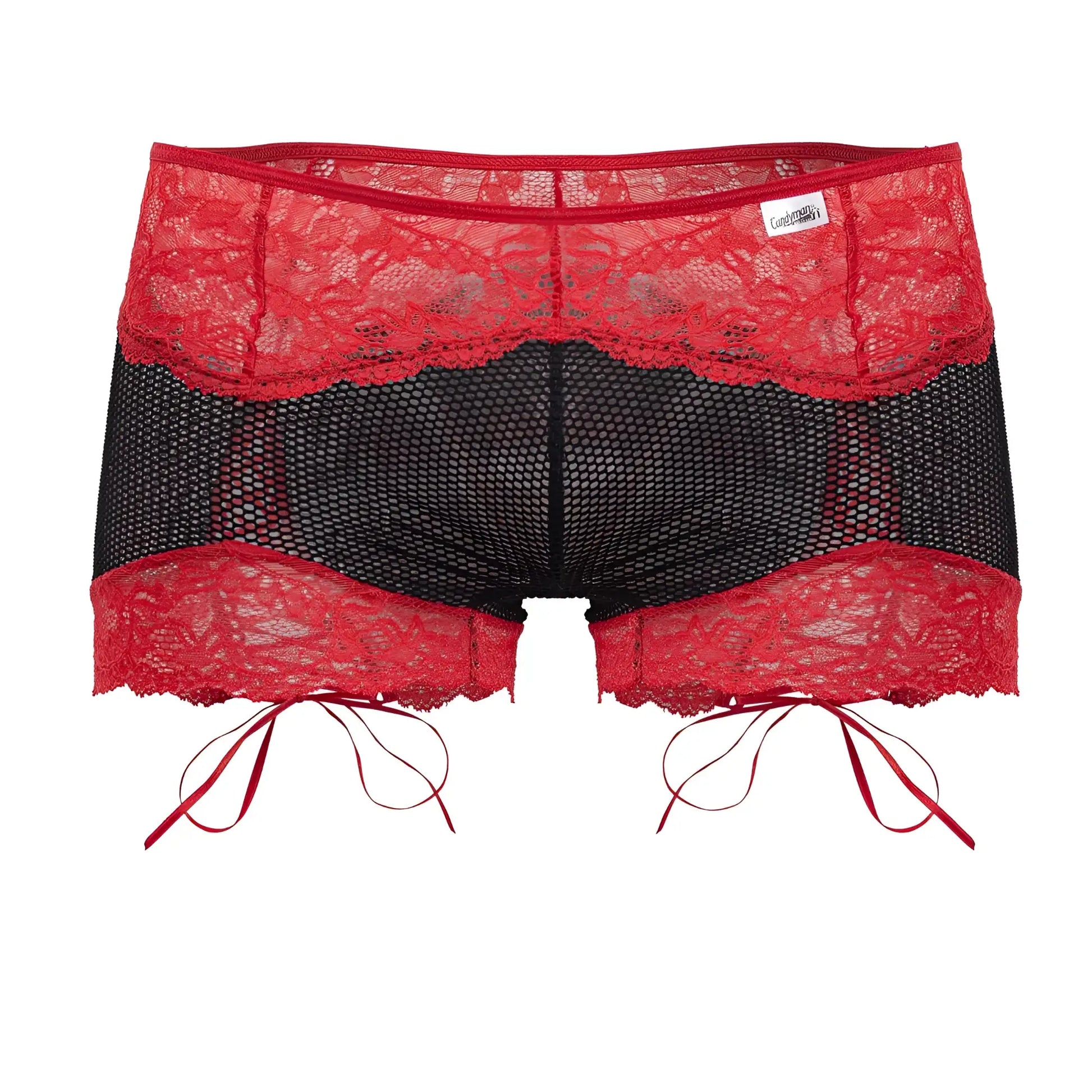 Candyman 99779 black mesh lace trunks with red ribbon ties and lace trim for stylish swimwear or underwear use