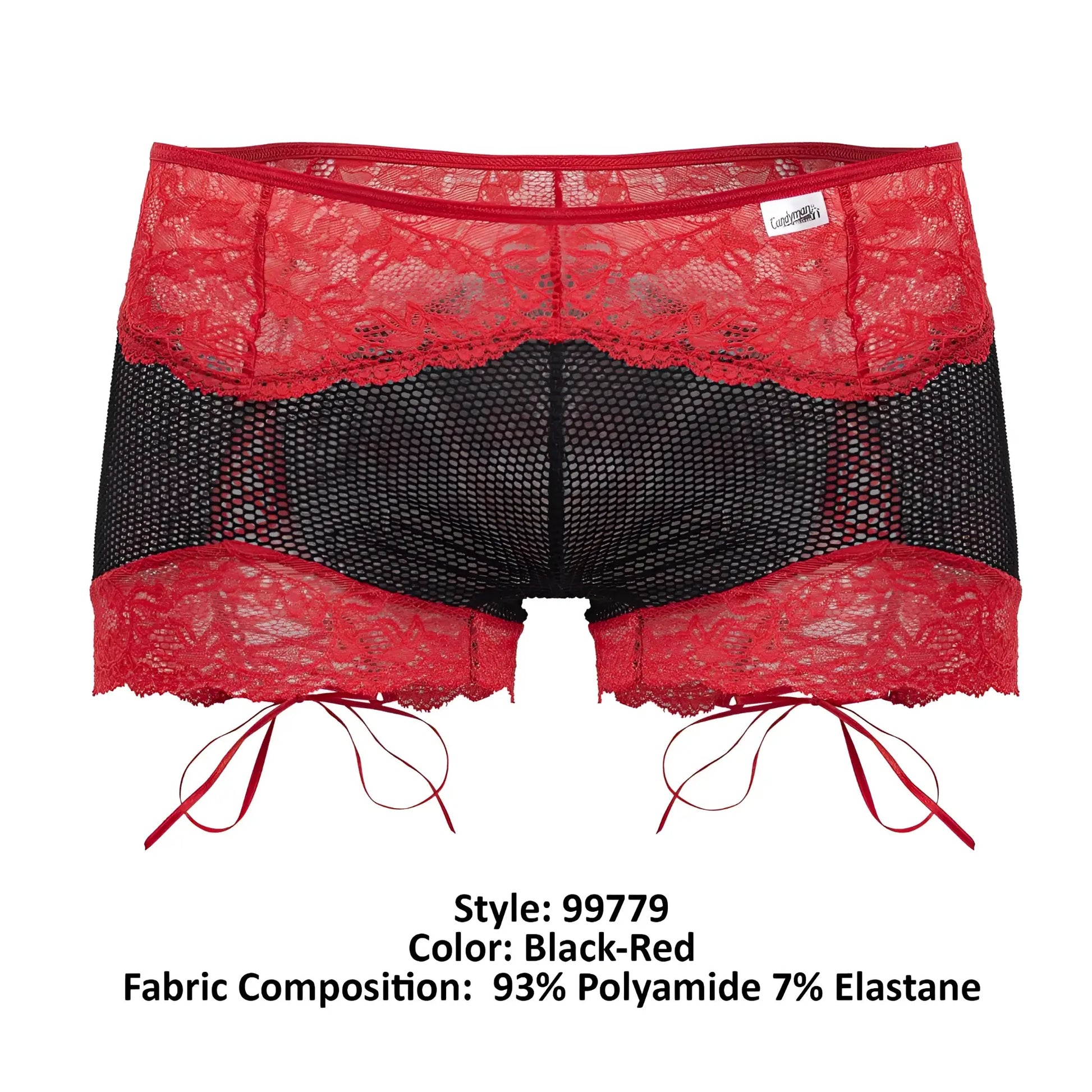Candyman 99779 black and red mesh lace trunks with lace trim and matching red tie strings for comfortable wear
