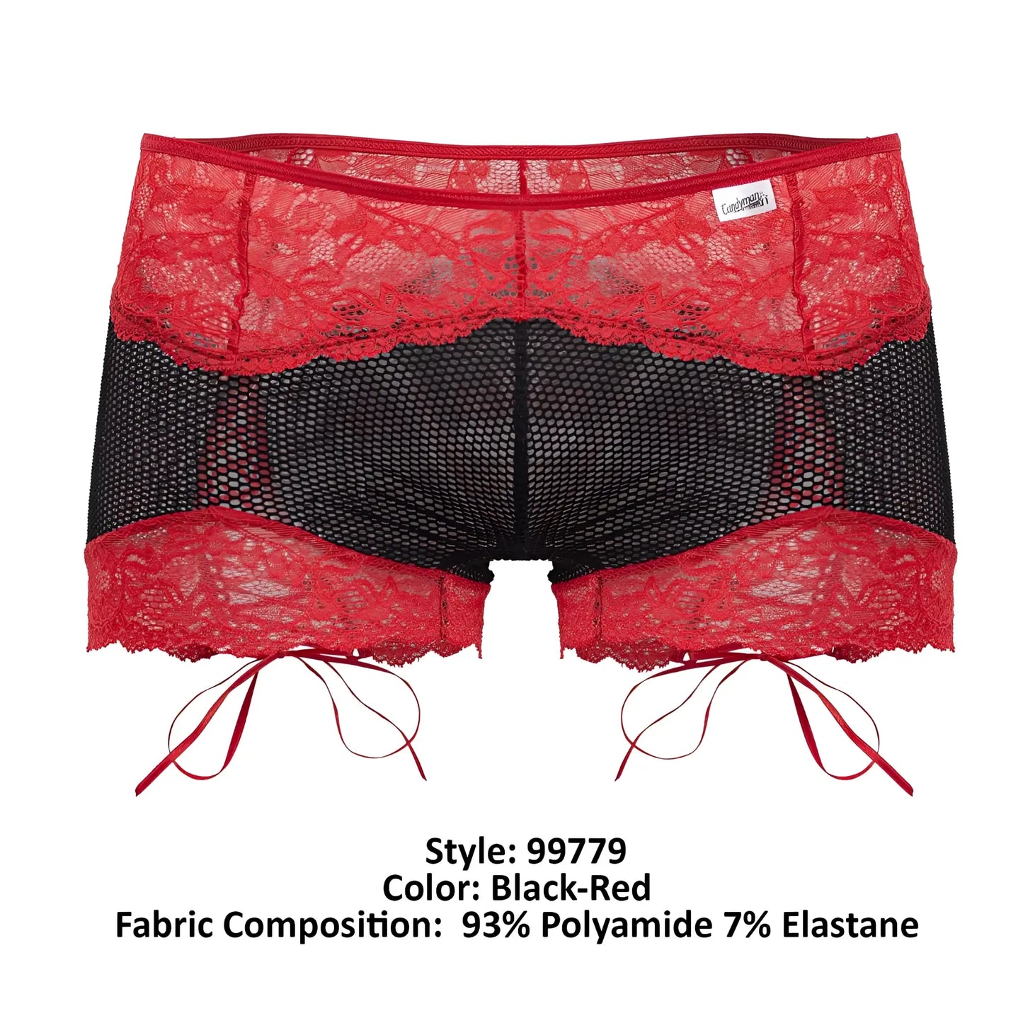 Candyman 99779 mesh lace trunks in black with red lace trim and matching red tie strings designed for comfort and style