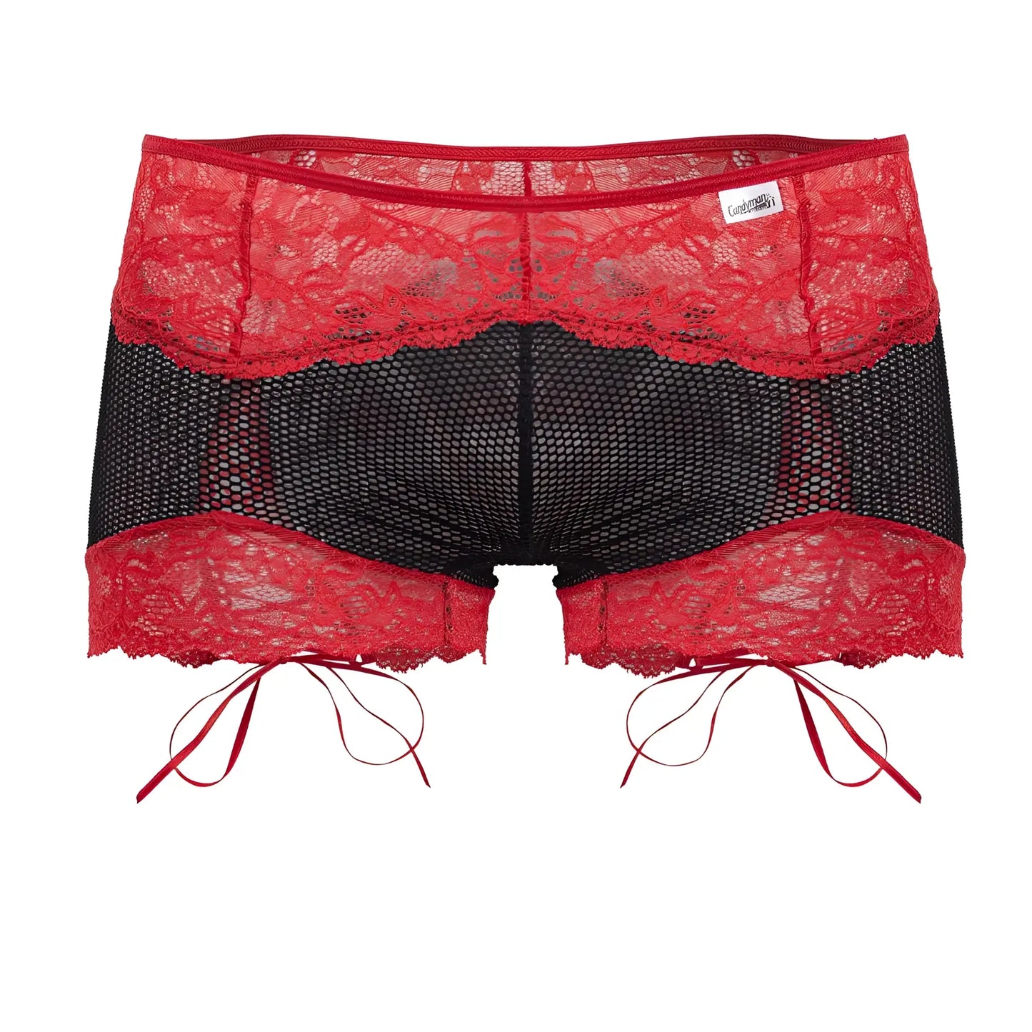 CandyMan 99779 mesh lace trunks in black and red feature lace trim and matching red ribbon ties on mesh fabric
