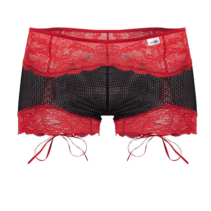 CandyMan 99779 mesh lace trunks in black and red feature lace trim and matching red ribbon ties on mesh fabric