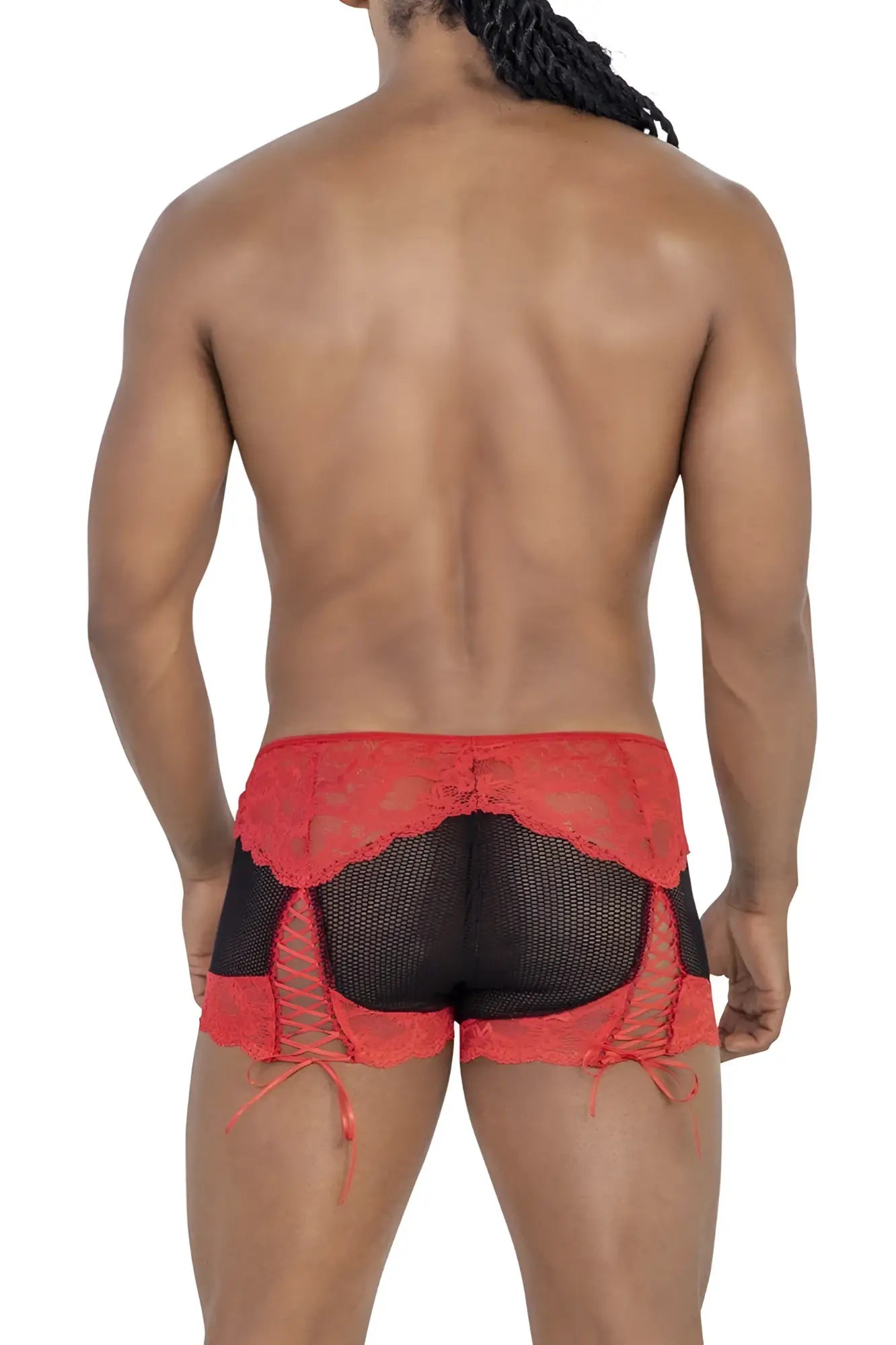 Red lace-trimmed mesh briefs with side ties from candyman 99779 mesh lace trunks in black and red