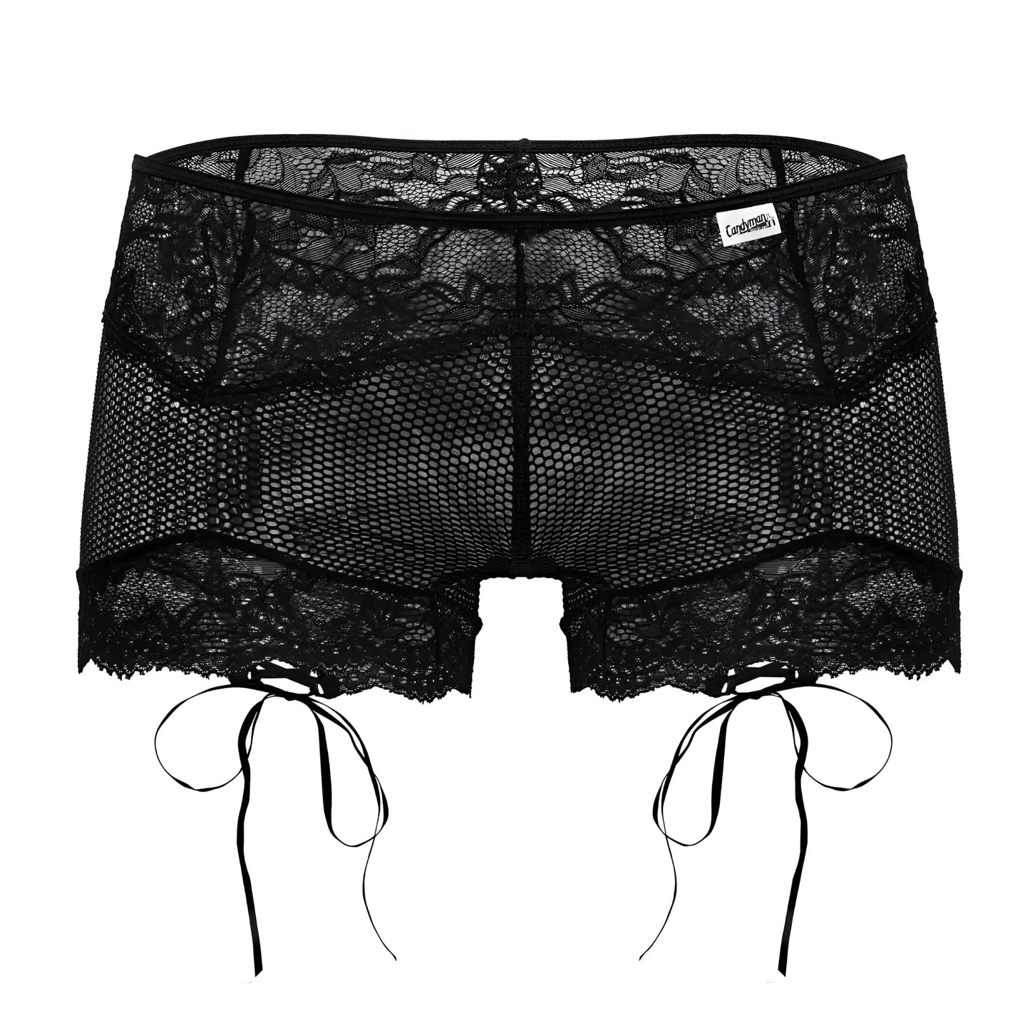 Black lace shorts candyMan 99779 with mesh panel and tied side ties in black for stylish casual wear