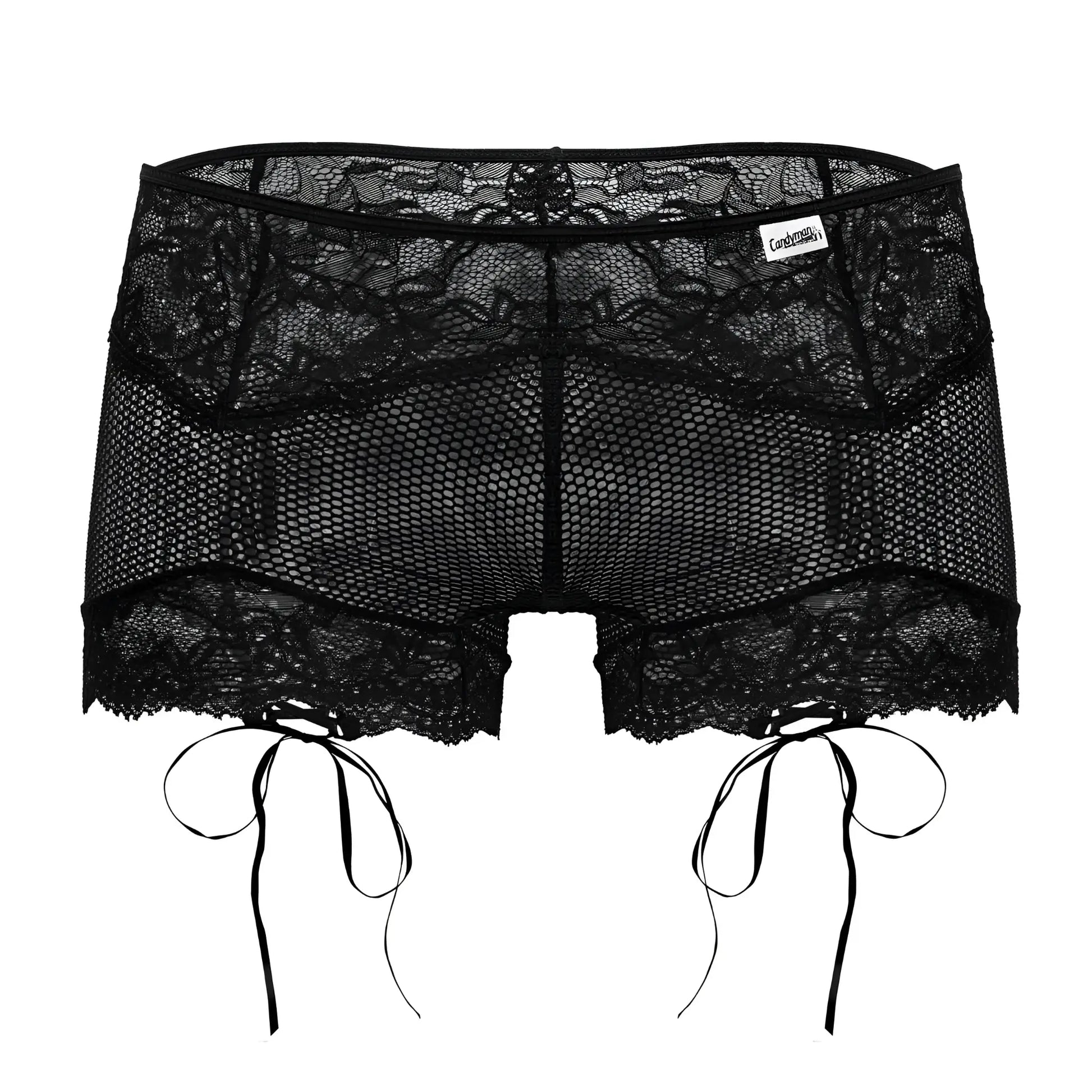 Black lace shorts candyMan 99779 with mesh panel and tied side ties in black for stylish casual wear