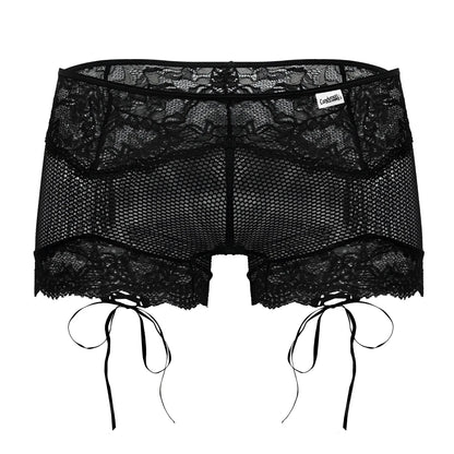 Black lace shorts candyMan 99779 with mesh panel and tied side ties in black for stylish casual wear