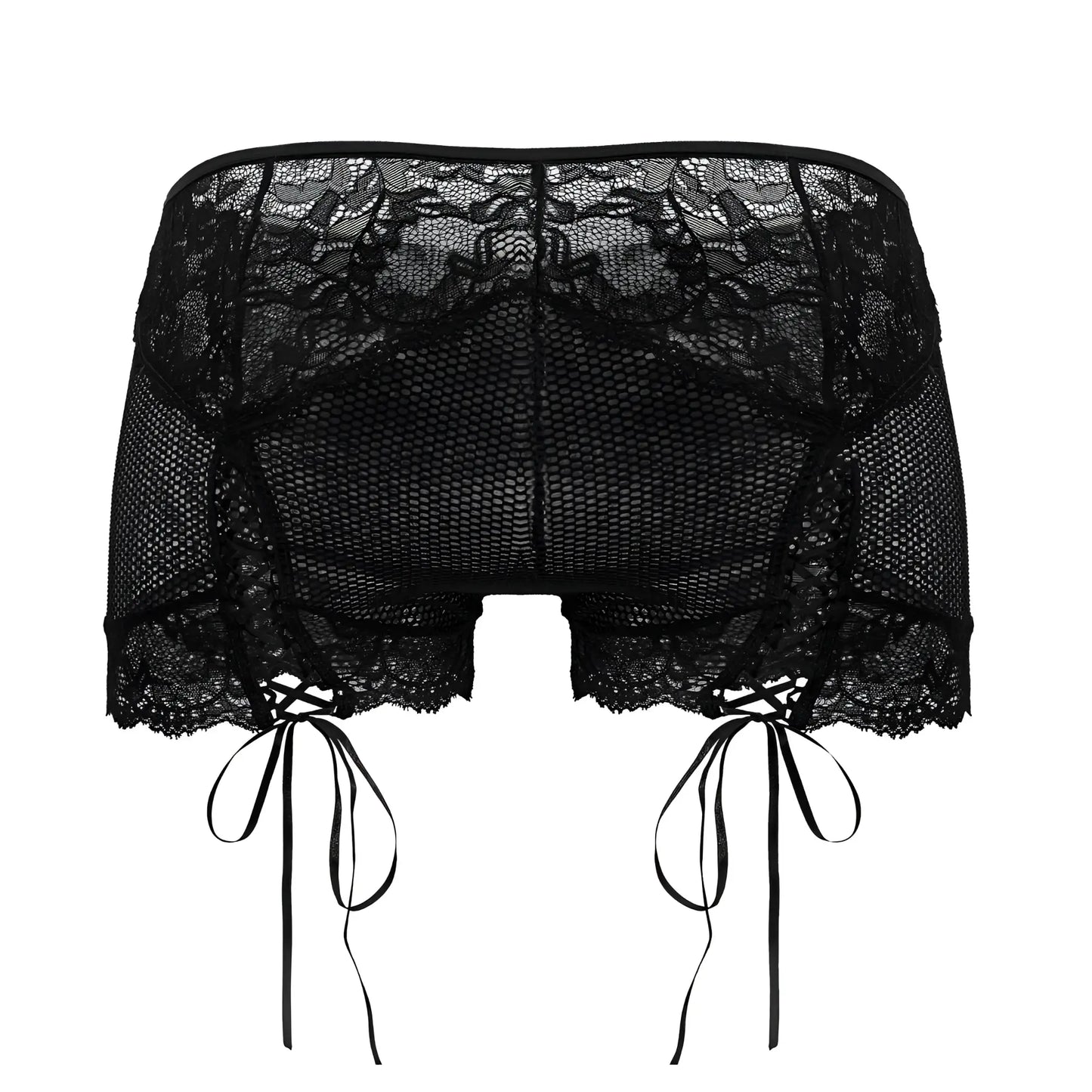 Black candyMan 99779 mesh lace trunks with tied ribbon ties and mesh panel shorts for stylish comfort