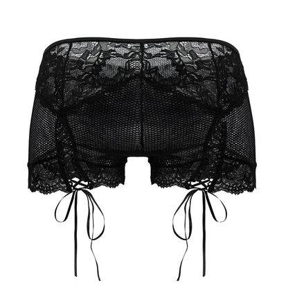 Black candyMan 99779 mesh lace trunks with tied ribbon ties and mesh panel shorts for stylish comfort