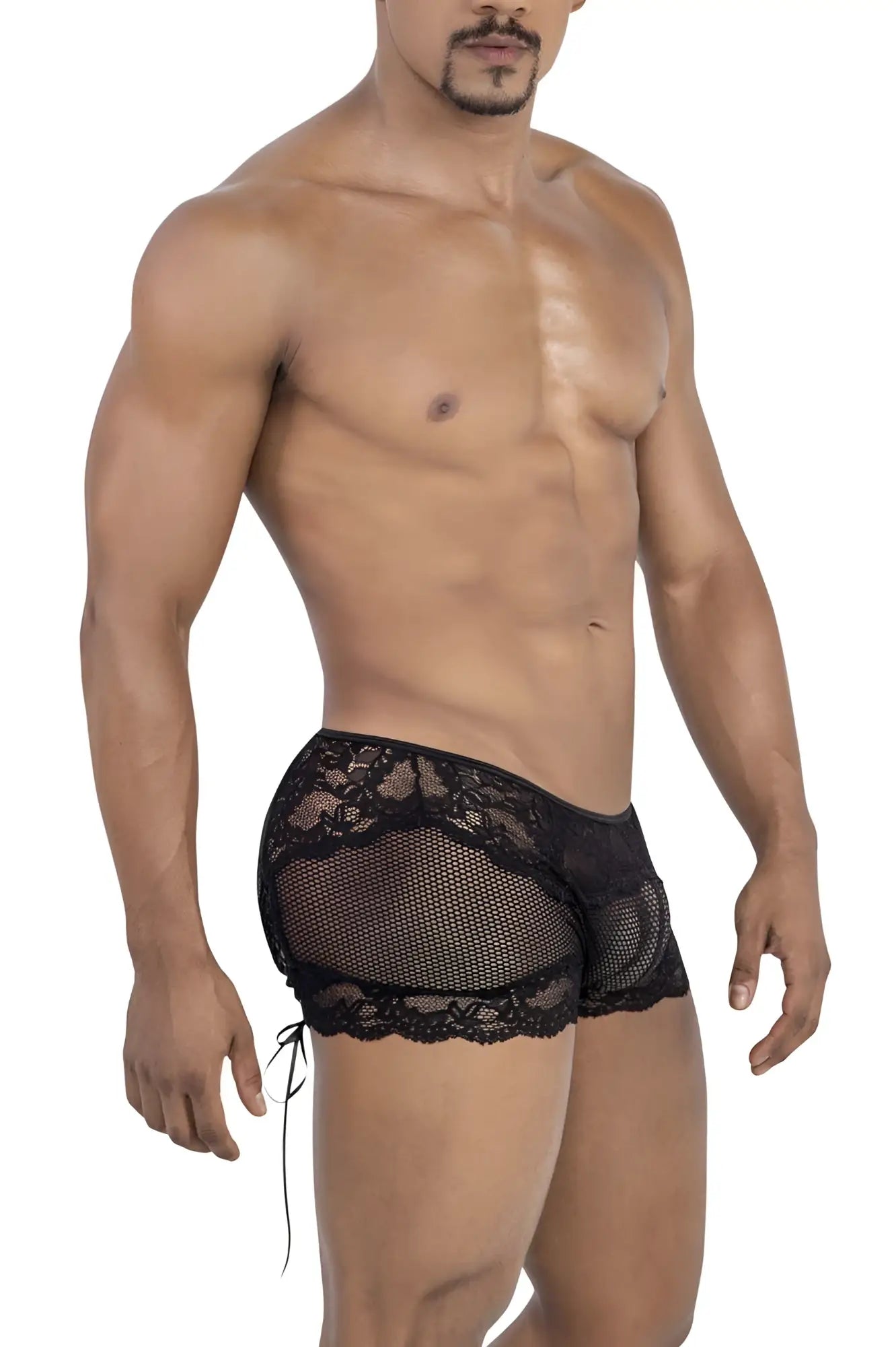 Black lace-trimmed mesh briefs with sheer design and side ties from candyman 99779 mesh lace trunks black