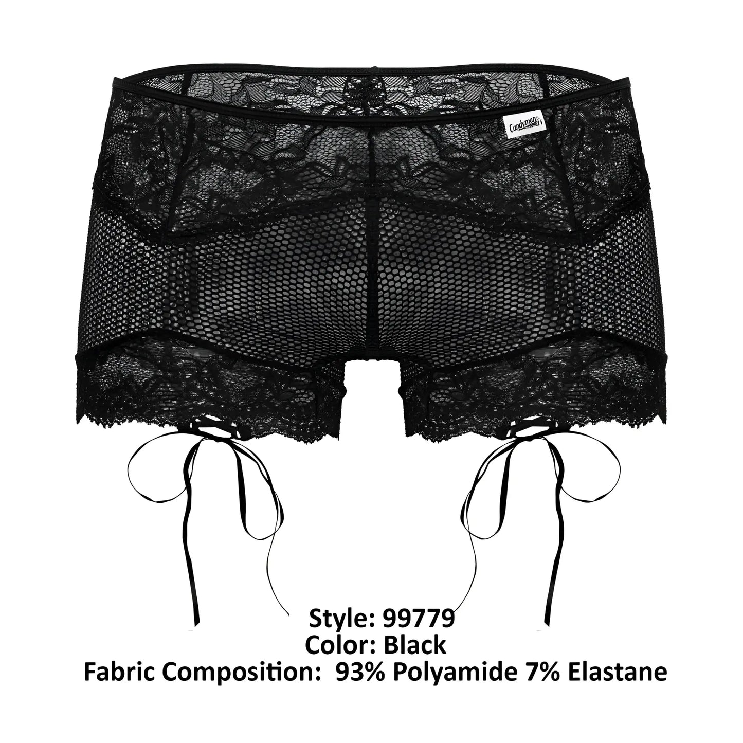 CandyMan 99779 black mesh lace trunks with lace trim and adjustable side ties for stylish comfort