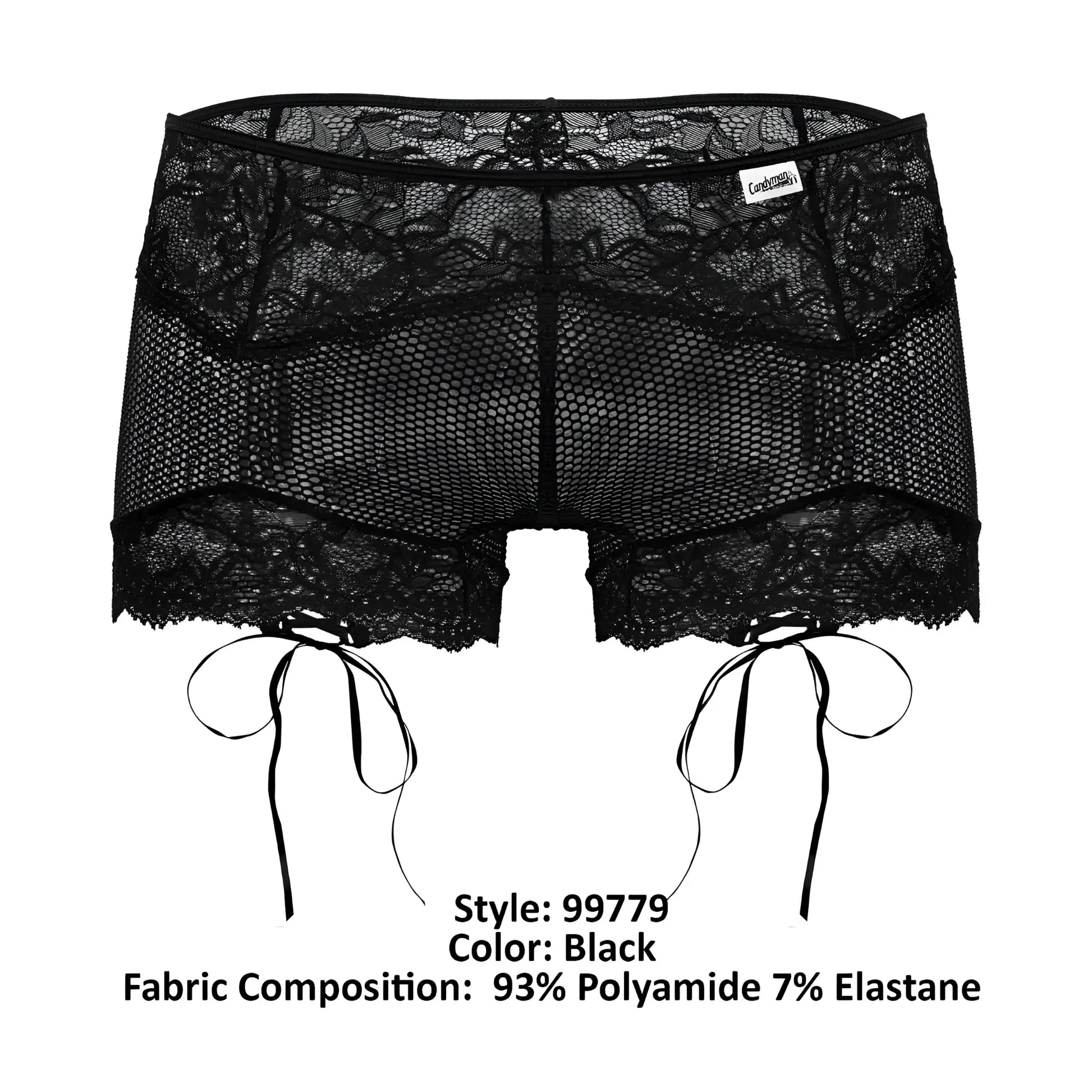 CandyMan 99779 black mesh lace trunks with lace trim and adjustable side ties for stylish comfort