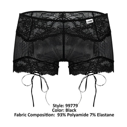 CandyMan 99779 black mesh lace trunks with lace trim and adjustable side ties for stylish comfort