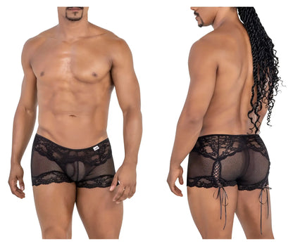 Black lace-trimmed mesh briefs with side ties from candyman 99779 mesh lace trunks in black color
