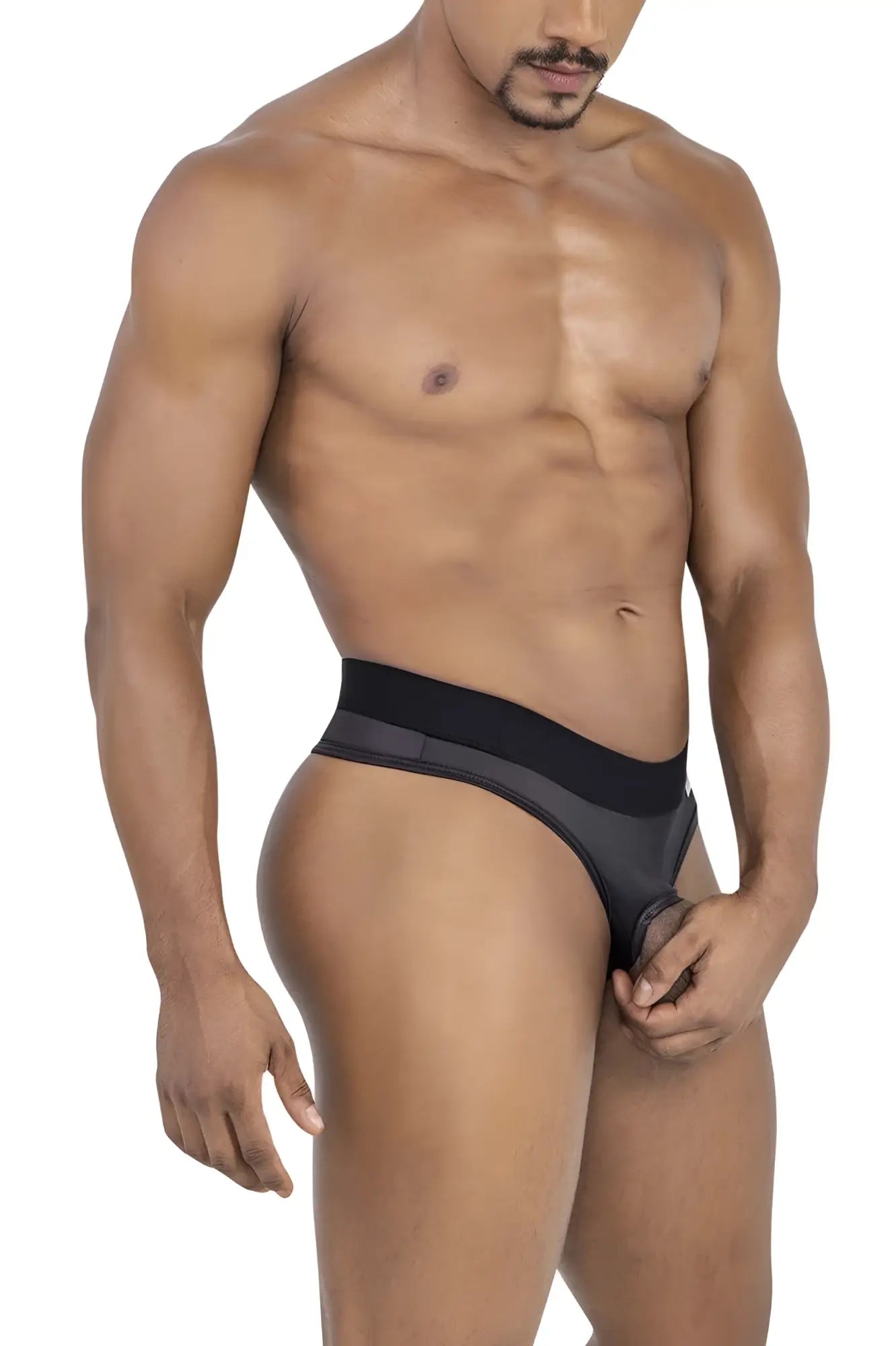 Black and gray CandyMan 99781 Protuder thongs with sleek form-fitting design for athletic use