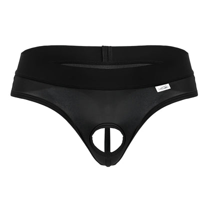 Black candyman 99781 protuder thong with zipper closure and mesh paneling for men front view