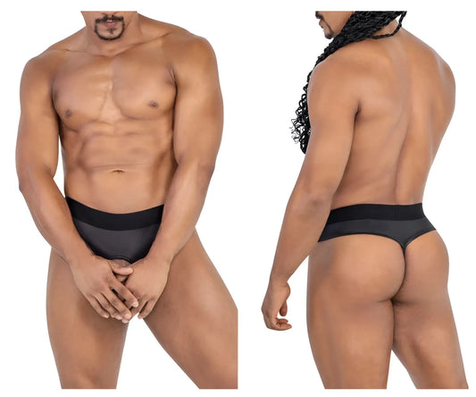 Black CandyMan 99781 Protuder thong underwear with solid smooth fabric and a snug fit showing the back side