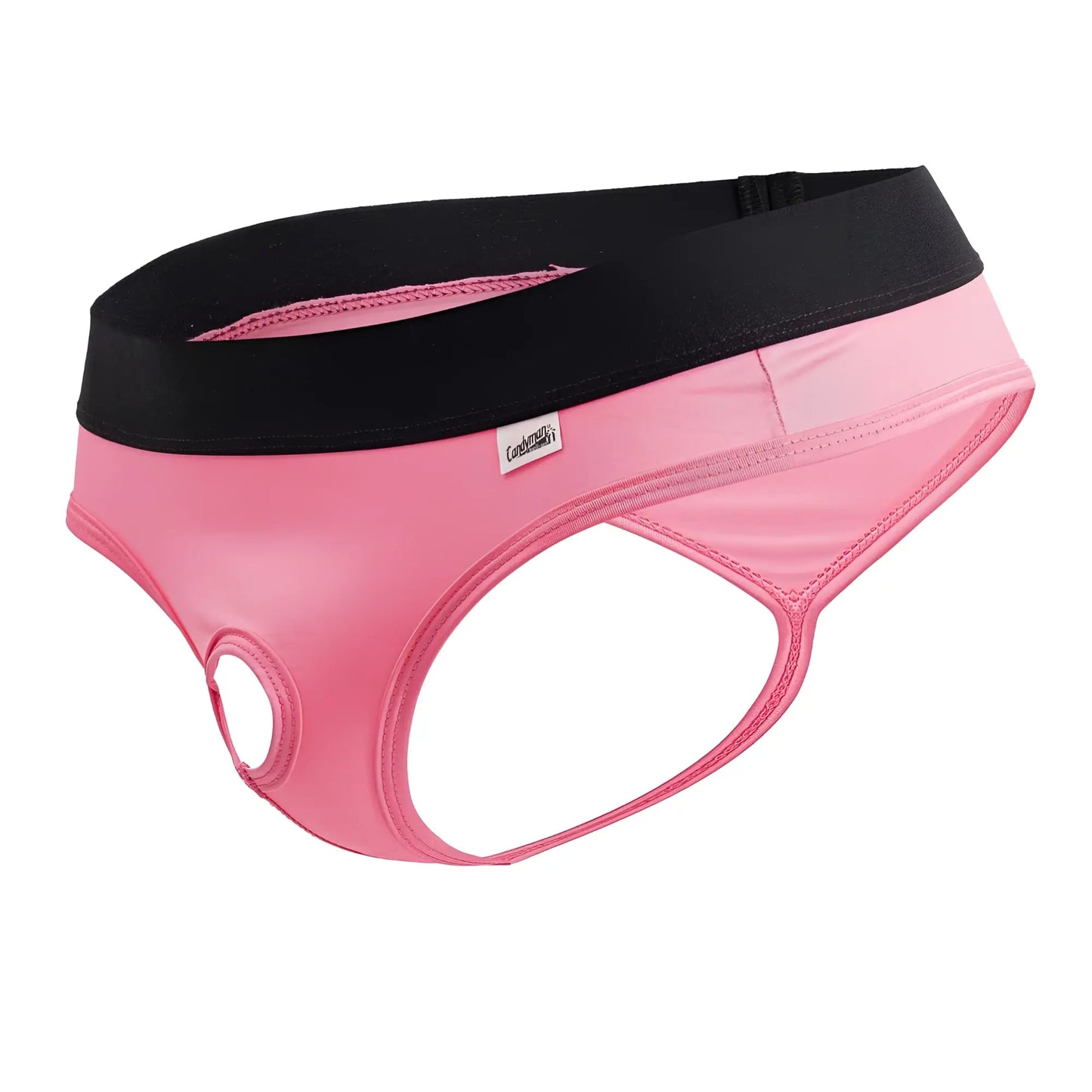 CandyMan 99781 protuder thongs men’s briefs in pink and black with smooth stretchy fabric and contoured design