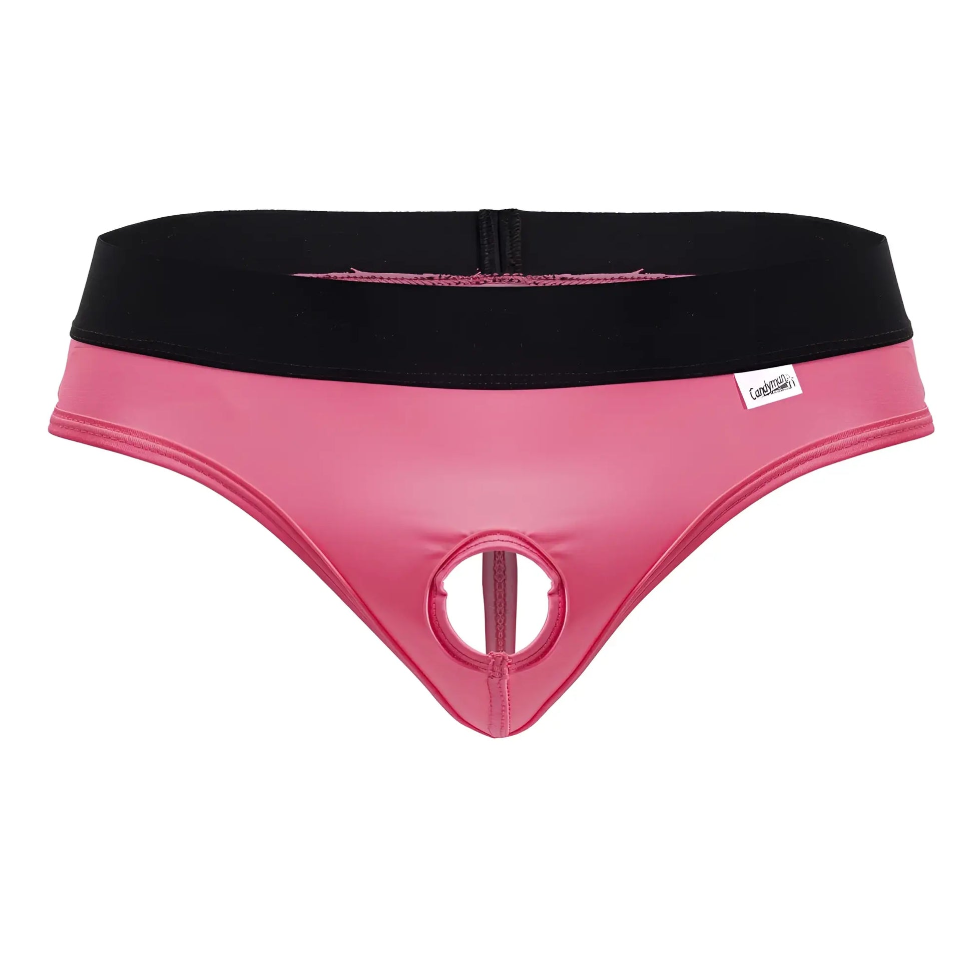 Pink latex CandyMan 99781 Protuder thong with black elastic waistband and central circular cutout front view
