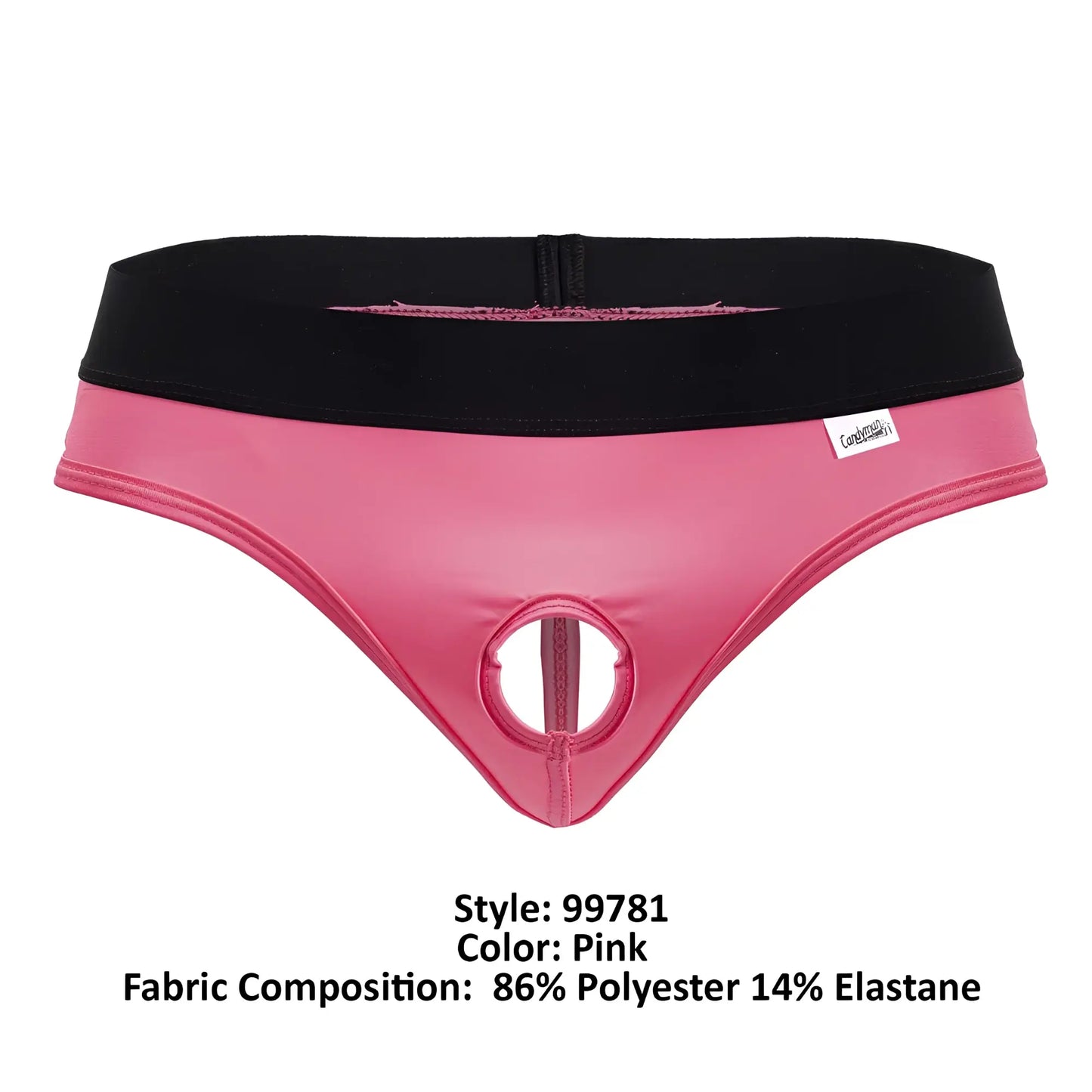 Pink shiny polyester and elastane CandyMan 99781 Protuder briefs with black waistband and central circular cutout
