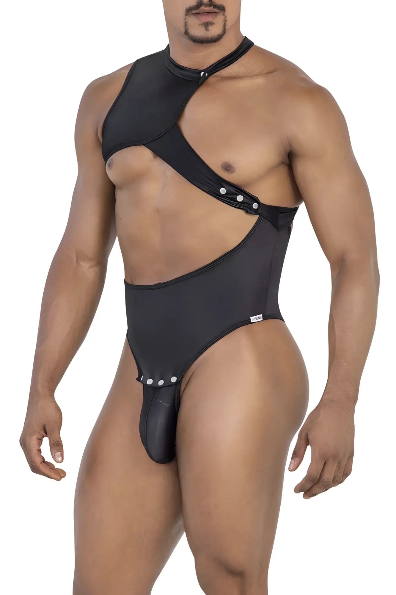 Black candidman 99783 one shoulder bodysuit with asymmetrical cut and silver button accents in form-fitting fabric