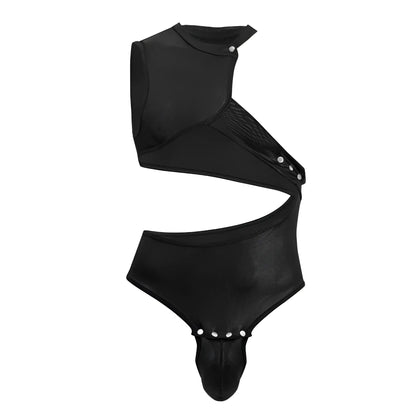 Black faux leather candyMan 99783 one shoulder bodysuit with asymmetrical design snap closures and cut-out detail