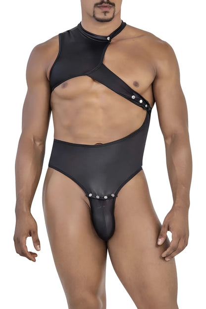 Black glossy faux leather CandyMan 99783 one shoulder bodysuit with high neckline silver-toned stud cutouts