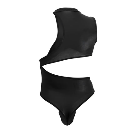 Black glossy latex one-piece swimsuit with high-cut leg and asymmetrical cutout from Candyman 99783 collection