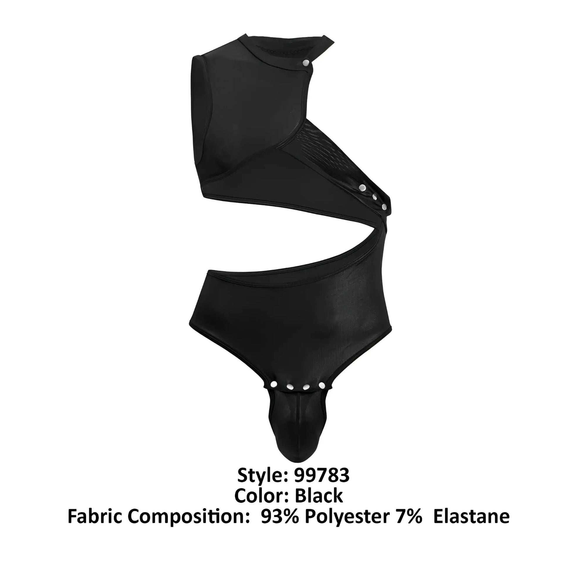 Black candyMan 99783 one shoulder bodysuit with structured asymmetrical design and button details with high-cut leg