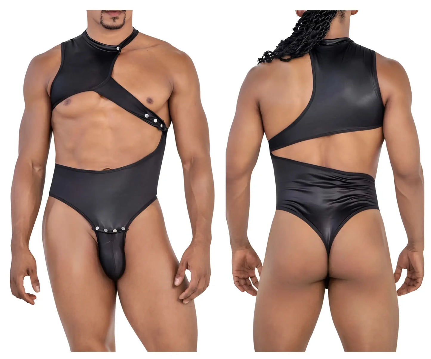 Black shiny latex one shoulder bodysuit with cut-out design and silver studs candyMan 99783 color black