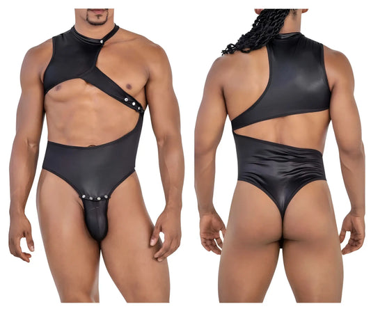 Black shiny latex one shoulder bodysuit with cut-out design and silver studs candyMan 99783 color black