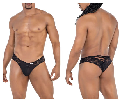 Black lace men’s briefs candyMan 99784 with back tie design shown from the back side in black color