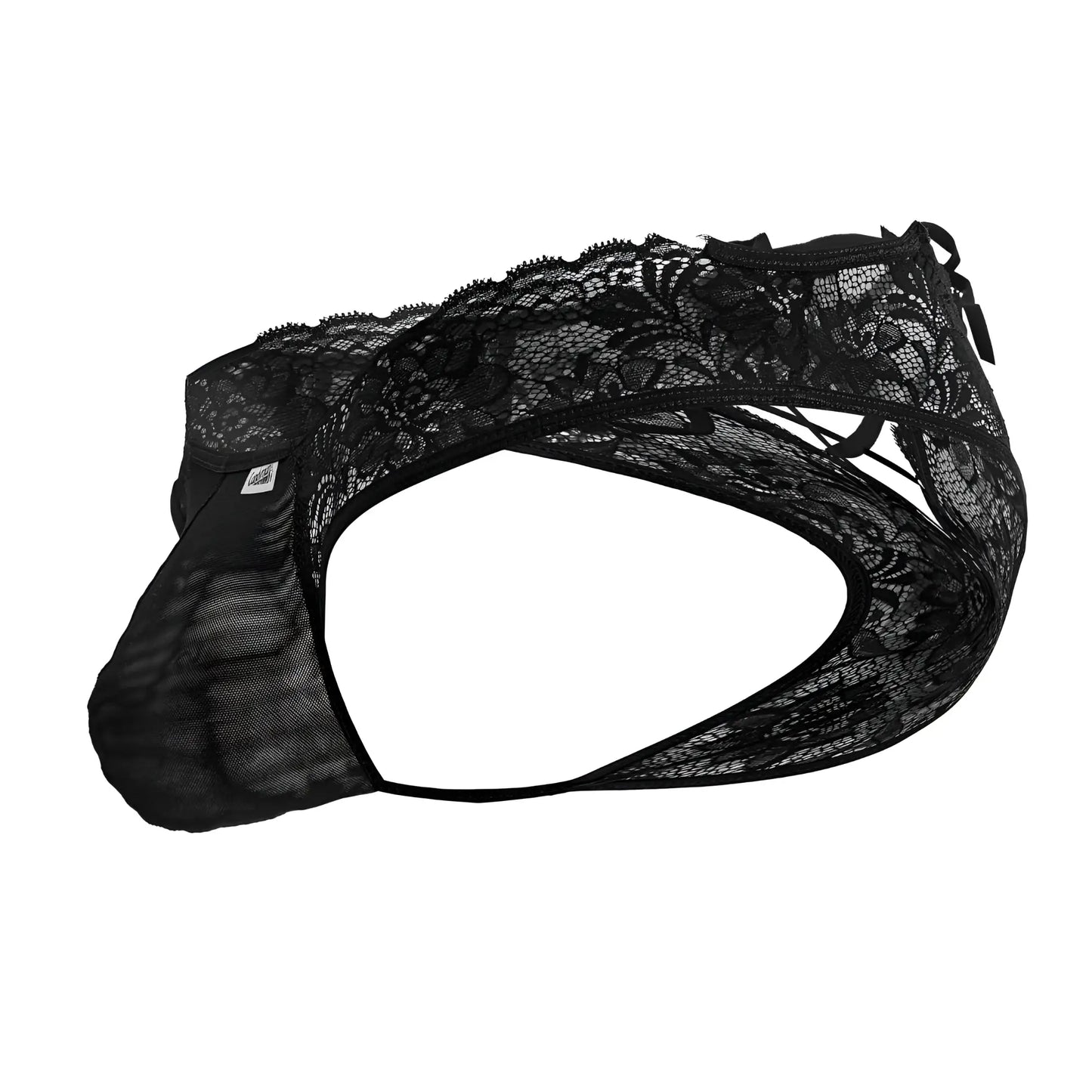 CandyMan 99784 black lace men’s thong with mesh panel and side ties for stylish and comfortable wear